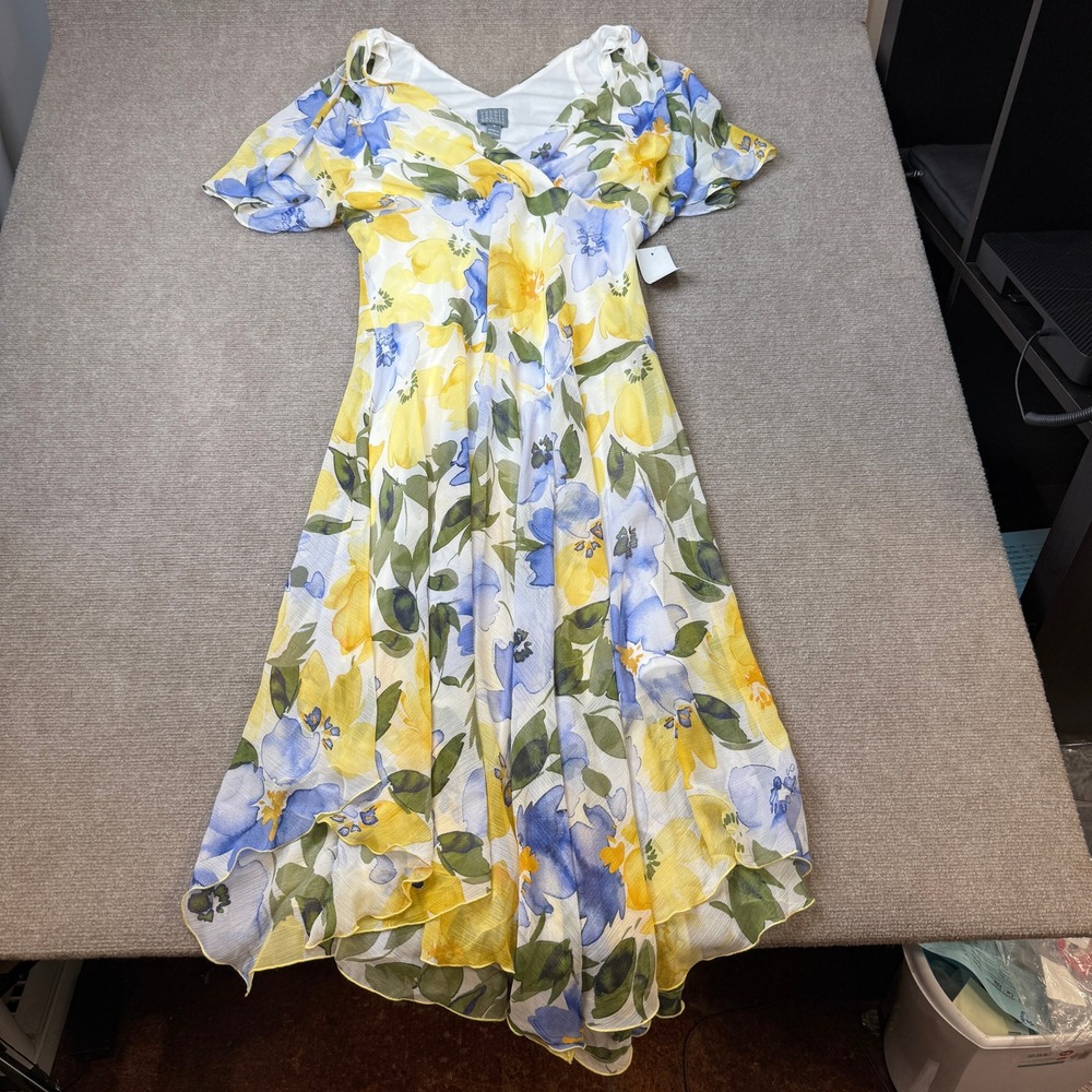 MSRP $79 Rabbit Rabbit Rabbit Womens 16 Blue/Yellow Floral Midi Dress V Neck - Picture 2 of 8